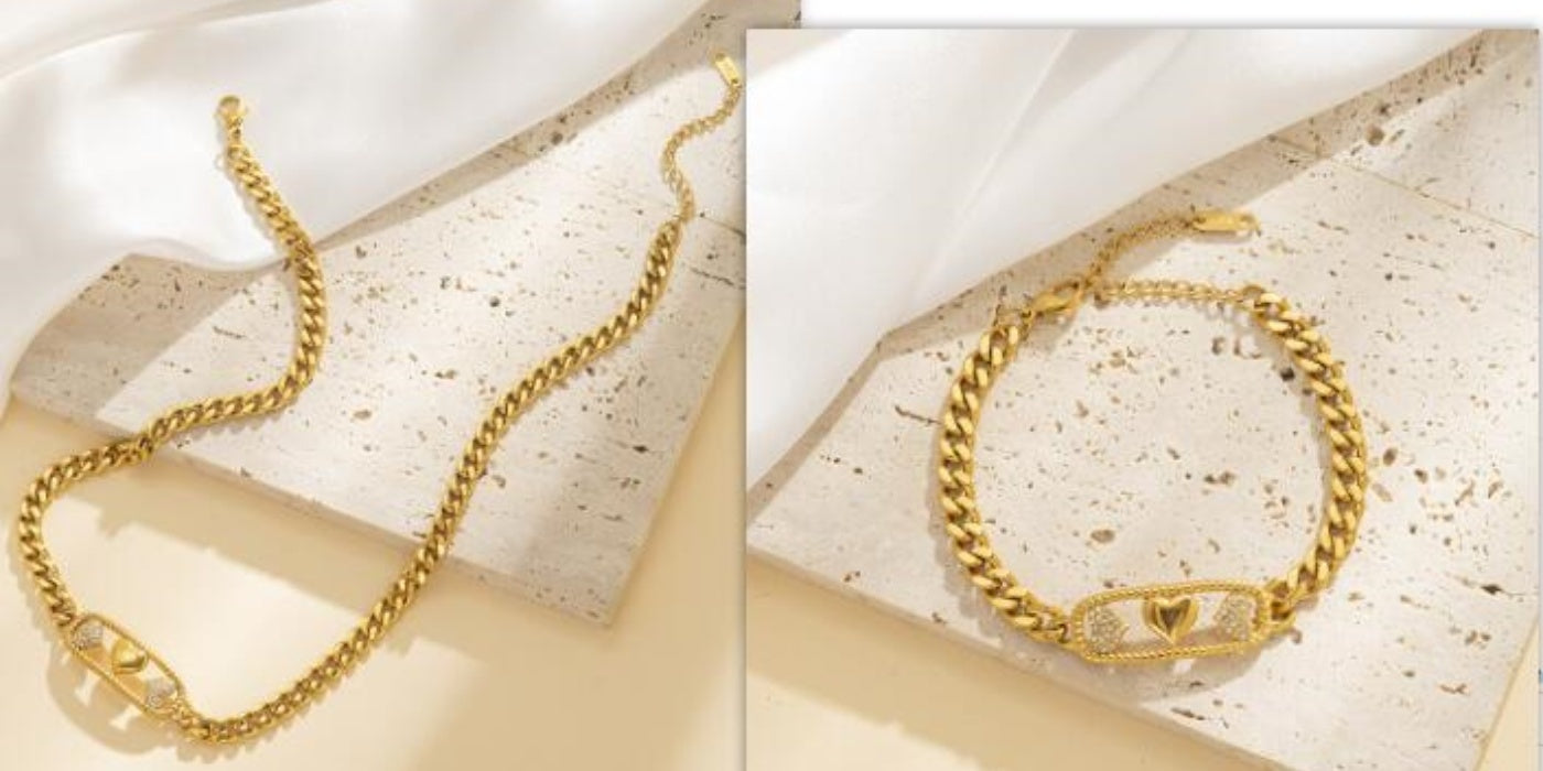 Love Moon Rhinestone Hollow Out Bracelet And Necklace Set Female 18K Gold Hip Hop Cuban Link Chain